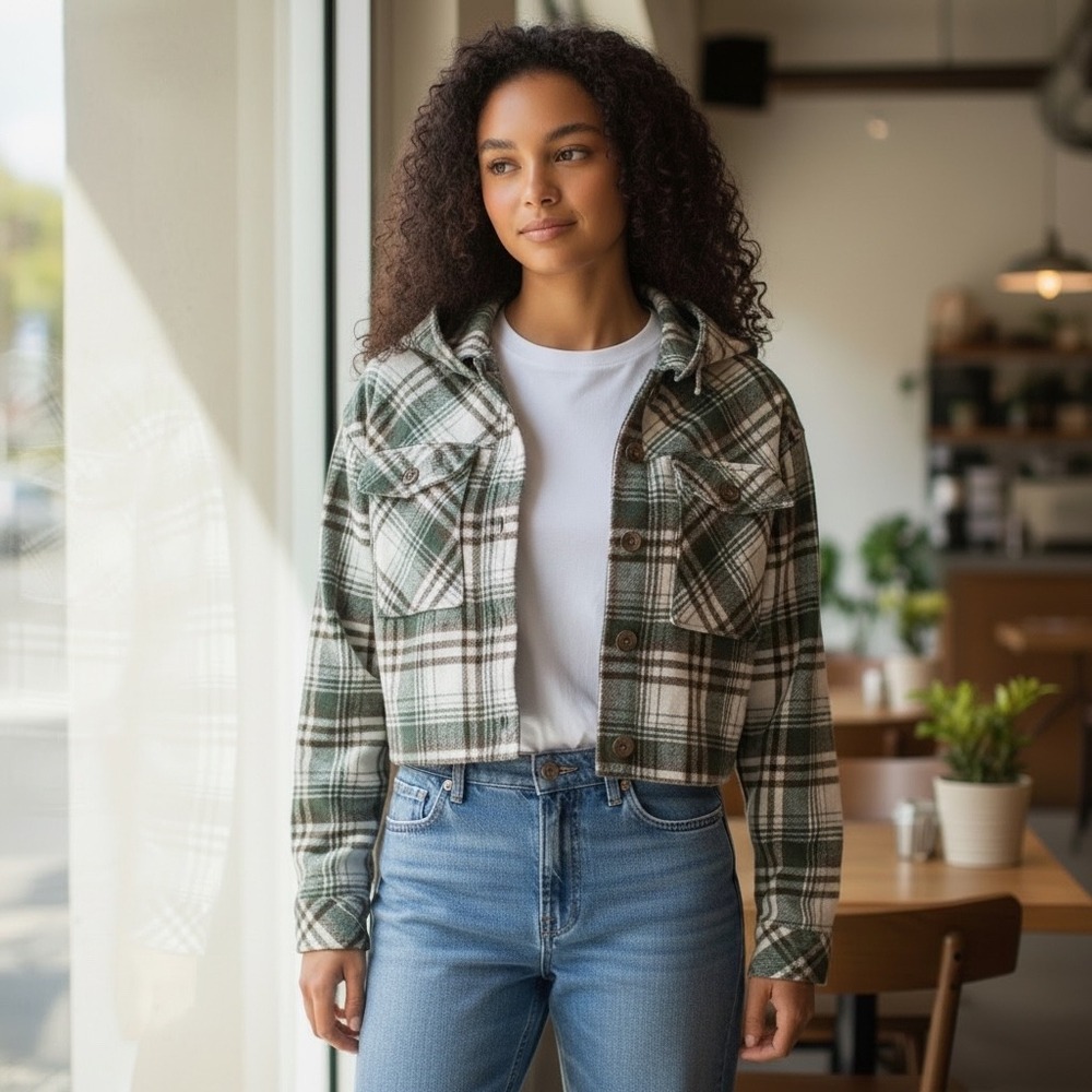 Aeropostale Plaid Cropped Shacket Shirt‎ Jacket Hooded Streetwear Preppy Size XS